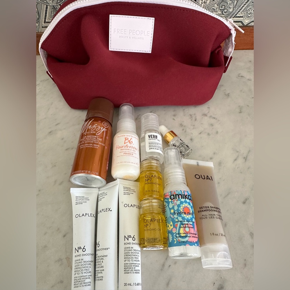 Free People Burgundy Beauty Bag with Olaplex Amika Ouai and more